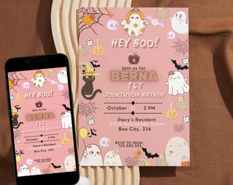 Verjaardagsuitnodiging roze spook Halloween, Hey Boo Girl-feest Spooktacular Halloween-feest, bewerkbaar canvas BS2401