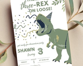 Invitación de cumpleaños de dinosaurio, invitación de cumpleaños de los tres Rex, fiesta de dinosaurios para el tercer cumpleaños de un niño, tres Rex sueltos, plantilla de invitación de los tres Rex