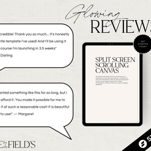May include: A screenshot of a computer screen displaying a website design template with the text "Split Screen Scrolling Canvas". The template is designed to create a dynamic website with a split screen effect. The image also includes two customer testimonials with positive reviews about the template.