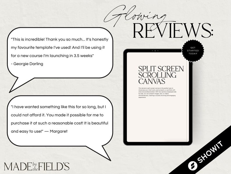 May include: A screenshot of a computer screen displaying a website design template with the text "Split Screen Scrolling Canvas". The template is designed to create a dynamic website with a split screen effect. The image also includes two customer testimonials with positive reviews about the template.