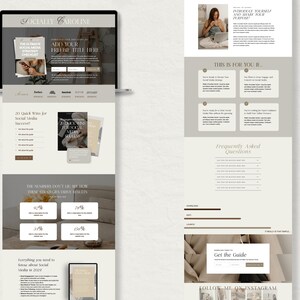 May include: A website homepage for a social media marketing consultant. The website features a light beige background with a light brown header. The header text reads "Socially Caroline". The website features a call to action to "Add Your Freebie Title Here". The website also features a section titled "This is for you if" with four boxes containing text. The website also features a section titled "Frequently Asked Questions" with a list of questions and answers. The website also features a section titled "Get the Guide" with a button to download the guide. The website also features a section titled "Follow Me on Instagram" with a grid of Instagram photos.