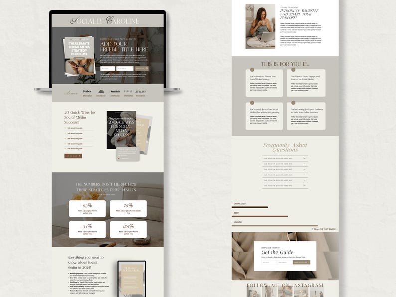 May include: A website homepage for a social media marketing consultant. The website features a light beige background with a light brown header. The header text reads "Socially Caroline". The website features a call to action to "Add Your Freebie Title Here". The website also features a section titled "This is for you if" with four boxes containing text. The website also features a section titled "Frequently Asked Questions" with a list of questions and answers. The website also features a section titled "Get the Guide" with a button to download the guide. The website also features a section titled "Follow Me on Instagram" with a grid of Instagram photos.