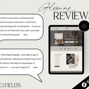 May include: A screenshot of a website with glowing reviews from customers. The website is for a digital design template. The reviews highlight the ease of use and the time-saving benefits of the template. The website is called "Made by the Field's".