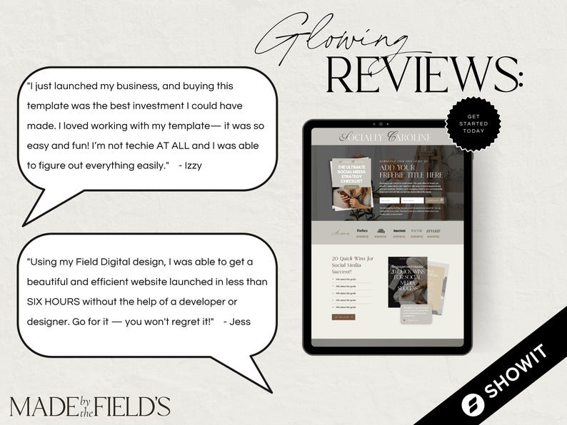 May include: A screenshot of a website with glowing reviews from customers. The website is for a digital design template. The reviews highlight the ease of use and the time-saving benefits of the template. The website is called "Made by the Field's".