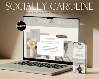 May include: A laptop computer displaying a website template for a social media consultant. The website is titled "Socially Caroline" and features a welcome message, a navigation bar, and a call to action button. The laptop is sitting on a wooden table.