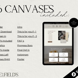 May include: A graphic showing 16 different website page designs for a business website. The text "16 CANVASES included" is at the top of the graphic. The text "GET STARTED TODAY" is in a circle at the top right of the graphic. The text "MADE by the FIELD'S" is at the bottom of the graphic. The text "SHOWIT" is in a circle at the bottom right of the graphic.