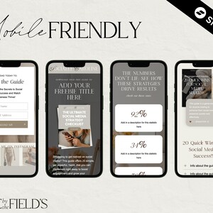 May include: Four mobile phone screens with different designs. The first screen is a light gray with a white form to download a guide. The second screen is a light gray with a white background and a checklist graphic. The third screen is a light gray with a white background and a graphic with the text "The numbers don't lie. See how these strategies drive results." The fourth screen is a light gray with a white background and a graphic with the text "20 Quick Wins for Social Media Success!"