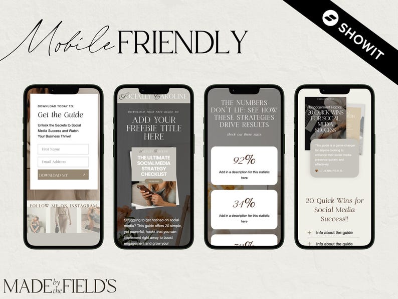 May include: Four mobile phone screens with different designs. The first screen is a light gray with a white form to download a guide. The second screen is a light gray with a white background and a checklist graphic. The third screen is a light gray with a white background and a graphic with the text "The numbers don't lie. See how these strategies drive results." The fourth screen is a light gray with a white background and a graphic with the text "20 Quick Wins for Social Media Success!"