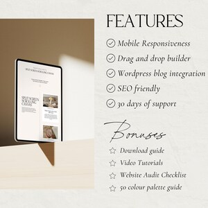 May include: A mockup of a website on a laptop screen with the text "Split Screen Scrolling Canvas". The website features a checklist of features including mobile responsiveness, drag and drop builder, Wordpress blog integration, SEO friendly, and 30 days of support. The image also includes a list of bonuses: download guide, video tutorials, website audit checklist, and 50 colour palette guide.