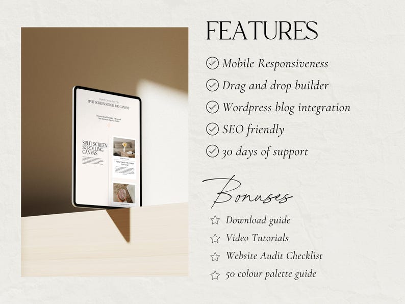 May include: A mockup of a website on a laptop screen with the text "Split Screen Scrolling Canvas". The website features a checklist of features including mobile responsiveness, drag and drop builder, Wordpress blog integration, SEO friendly, and 30 days of support. The image also includes a list of bonuses: download guide, video tutorials, website audit checklist, and 50 colour palette guide.