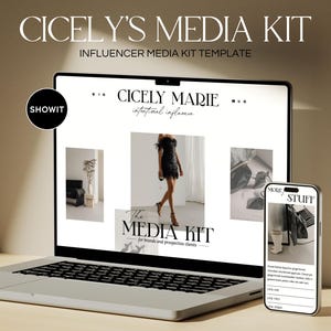 Può includere: Uno schermo di computer portatile che mostra un modello di kit multimediale per un influencer. Il modello presenta un design in bianco e nero con il testo "CICELY MARIE" e "The Media Kit". Uno smartphone è anche mostrato sul lato destro dell'immagine, che mostra un design simile con il testo "MORE STUFF".