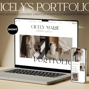 Può includere: Un computer portatile che mostra un modello di sito web per il portfolio di un influencer o creatore di contenuti. Il sito web è progettato in uno stile minimalista con uno schema di colori bianco e nero. Il sito web presenta una foto di una donna che indossa un blazer marrone e una camicia bianca. Il sito web include anche il testo "CICELY MARIE" e "infintional influence".
