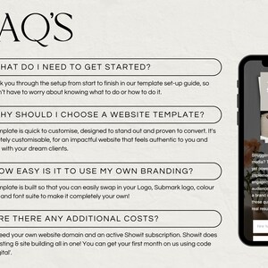 May include: A white background with black text and a magnifying glass icon. The text asks frequently asked questions about website templates. The text includes the questions: What do I need to get started? Why should I choose a website template? How easy is it to use my own branding? Are there any additional costs? A smartphone is shown on the right side of the image with a screen displaying a checklist for social media strategy.