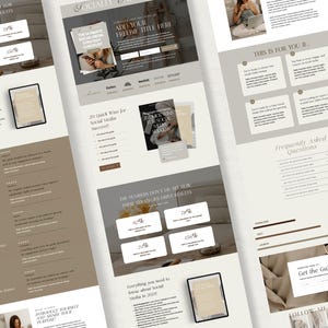 May include: A website landing page with a beige background and brown text. The page features a freebie offer for a guide on social media strategy. The page also includes customer testimonials, frequently asked questions, and a call to action to get the guide.