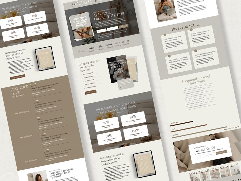 May include: A website landing page with a beige background and brown text. The page features a freebie offer for a guide on social media strategy. The page also includes customer testimonials, frequently asked questions, and a call to action to get the guide.