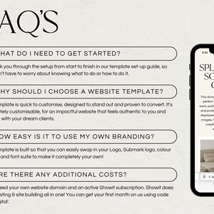 May include: A white background with a black text heading "FAQ's".  Four questions are listed with answers about website templates.  A mobile phone is shown on the right side of the image with a screenshot of a website template.  The text on the phone says "Split Screen Scrolling Canvas".