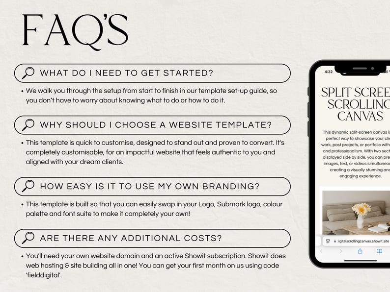 May include: A white background with a black text heading "FAQ's".  Four questions are listed with answers about website templates.  A mobile phone is shown on the right side of the image with a screenshot of a website template.  The text on the phone says "Split Screen Scrolling Canvas".