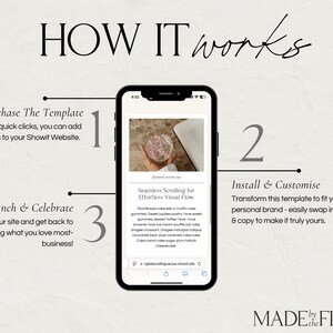 May include: A graphic illustration showing how to use a Showit website template. The steps are: 1. Purchase the template, 2. Install and customise, 3. Launch and celebrate. The image shows a mobile phone screen with a website preview. The text on the screen says "Seamless Scrolling for Effortless Visual Flow".