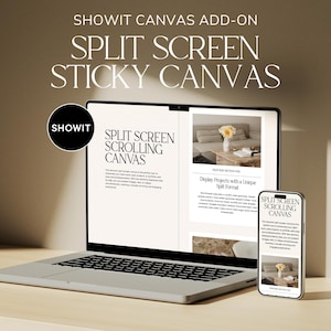 Puede incluir: Un ordenador portátil que muestra un sitio web con el texto "Split Screen Scrolling Canvas" y una descripción de la función. El sitio web está abierto en el portátil y un teléfono móvil, ambos mostrando el mismo sitio web. El portátil está sobre una superficie de madera marrón claro.