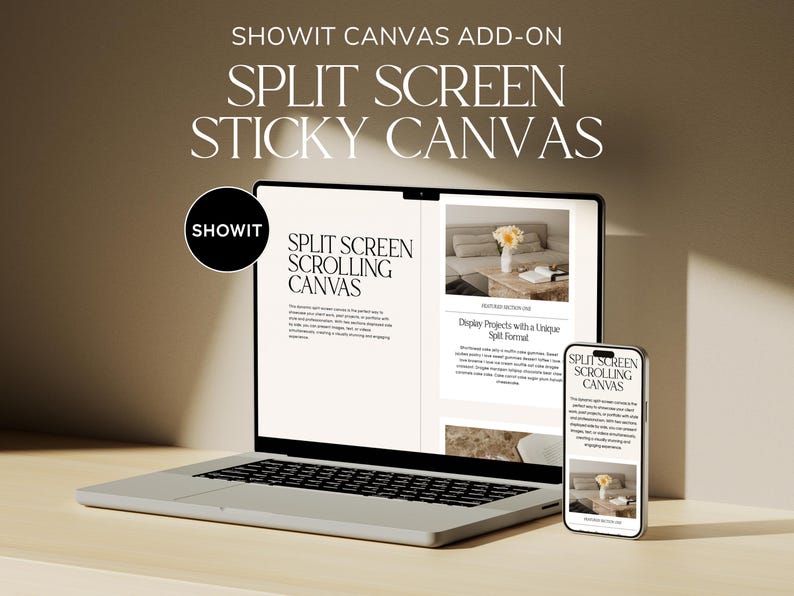 May include: A laptop computer displaying a website with the text "Split Screen Scrolling Canvas" and a description of the feature. The website is open on the laptop and a mobile phone, both showing the same website. The laptop is on a light brown wooden surface.