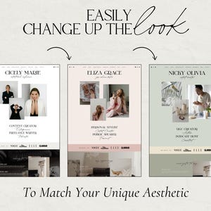 May include: Three website mockups with different color schemes and images. Each mockup features a woman's headshot and text describing her profession. The text on the first mockup reads "Cicely Marie, Lifestyle Influencer, Content Creator, Freelance Writer". The text on the second mockup reads "Eliza Grace, Personal Stylist, Content Creator, Public Speaker". The text on the third mockup reads "Nicky Olivia, Lifestyle Creator, Podcast Host".