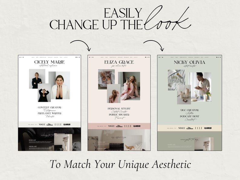 May include: Three website mockups with different color schemes and images. Each mockup features a woman's headshot and text describing her profession. The text on the first mockup reads "Cicely Marie, Lifestyle Influencer, Content Creator, Freelance Writer". The text on the second mockup reads "Eliza Grace, Personal Stylist, Content Creator, Public Speaker". The text on the third mockup reads "Nicky Olivia, Lifestyle Creator, Podcast Host".