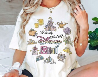 Camiseta retro con lazo coqueto "Literally Just A Girl", colores cómodos, camiseta de viaje al parque con orejas de Minnie, globo retro de Mickey pastel, camiseta de viaje para niña de Disney