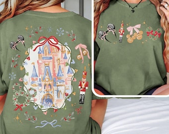Maglietta natalizia Disney retrò a due lati con castello magico, orecchio di Topolino, maglietta natalizia Disney con fiocco Coquette, maglietta natalizia con castello magico