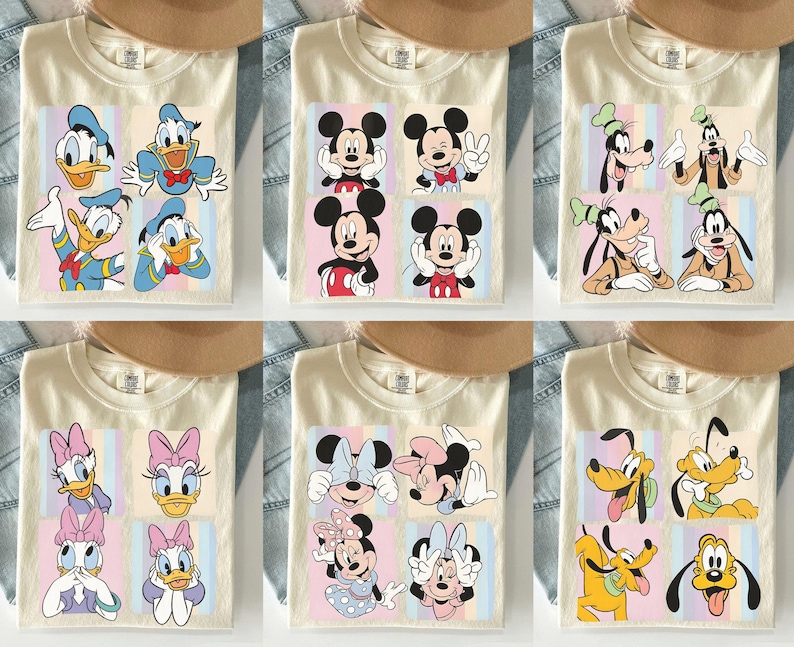 Może przedstawiać: Kremowe koszulki z kolorowymi wzorami postaci z kresk&oacute;wek. Każda koszulka prezentuje inny zestaw postaci, w tym Kaczora Donalda, Myszki Miki, Goofy'ego, Daisy Duck, Myszki Minnie i Pluto, w układzie przypominającym siatkę.