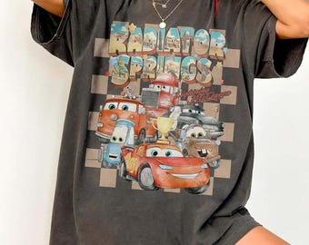 Retro Comfort Colors Radiator Springs Checkered Cars Movie Shirt, Lightning McQueen Shirt, Cars Movie Disney Shirt, Disney Family Trip Shirt