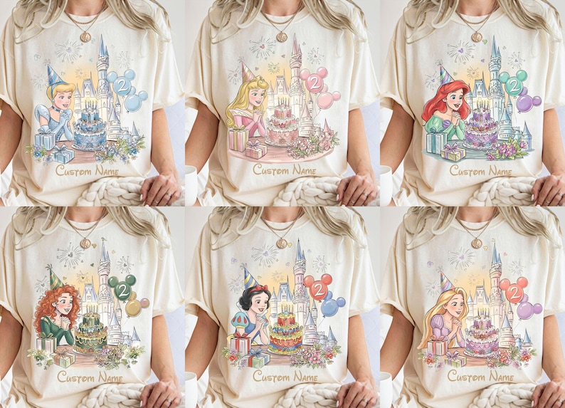 May include: Cream-coloured t-shirts featuring Disney princesses with birthday cake designs, castles, and the number 2. Each shirt includes the text "Custom Name" below the image, with a variety of princess illustrations.