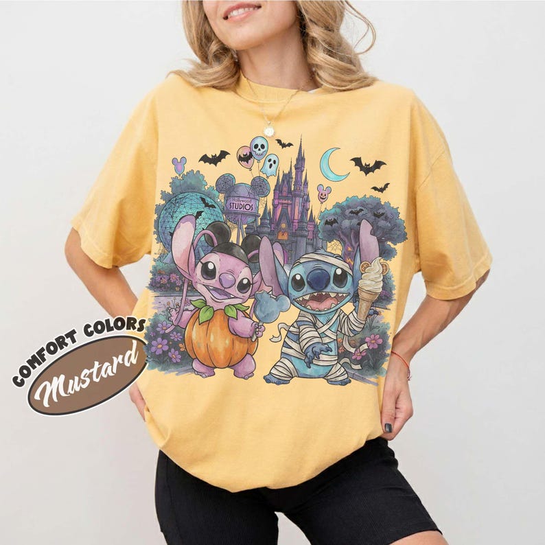 Retro Stitch & Angel Halloween Shirt, Magic Kingdom Halloween Tee, Ice Cream Snacking Team, Disneyland Spooky Season Family Trip Shirt image 7