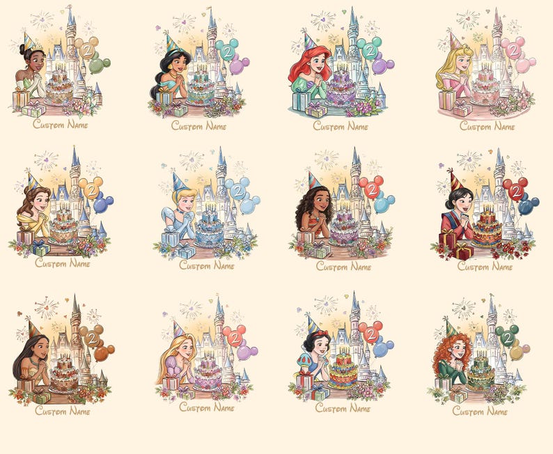 May include: Watercolour illustrations of princesses celebrating birthdays. Each image shows a princess with a cake, castle, balloons, and the text "Custom Name". The images are in soft pastel colours.