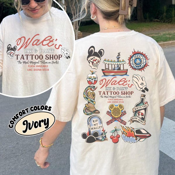 Retro Walt's Ink & Paint Tattoo Shop Comfort Colors Shirt, Disney Flash Tattoo Tee, Disneyworld Trip Shirt, Retro Magic Kingdom Tattoo Shirt