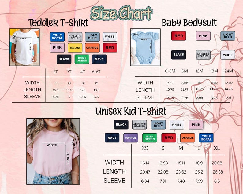 May include: A size chart for toddler t-shirts, baby bodysuits, and unisex kid t-shirts. The chart includes measurements for width, length, and sleeve length, along with color options like black, white, and red. The text "Size Chart" is at the top.