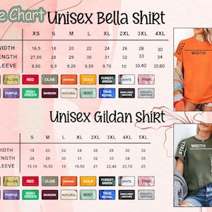 May include: A size chart for Unisex Bella and Gildan shirts, displaying measurements for width, length, and sleeve length in centimeters. Color swatches include black, yellow, red, olive, orange, gold, and more. Two models are shown wearing the shirts.