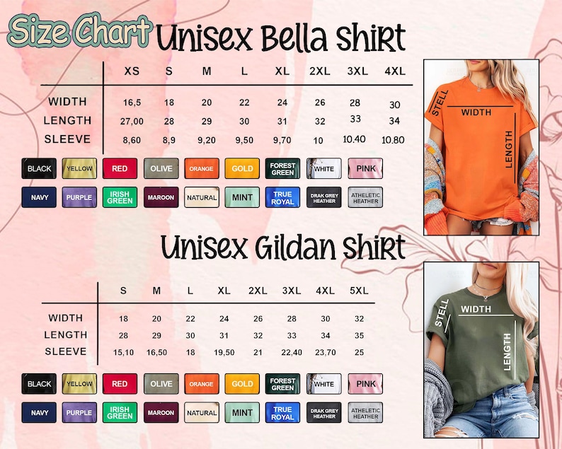 May include: A size chart for Unisex Bella and Gildan shirts, displaying measurements for width, length, and sleeve length in centimeters. Color swatches include black, yellow, red, olive, orange, gold, and more. Two models are shown wearing the shirts.