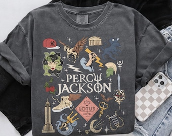Maglietta retrò con i simboli degli dei dell'Olimpo di Percy Jackson, maglietta con Medusa del Lotus Hotel, maglietta del Campo Mezzosangue, maglietta con semidei della mitologia greca, regalo per lettori amanti dei libri