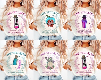 Camiseta vintage de villanos de Disney, Club de brujas malas, colores cómodos, camiseta de la reina malvada Úrsula y Maléfica, camiseta de villanos de Halloween de la temporada espeluznante