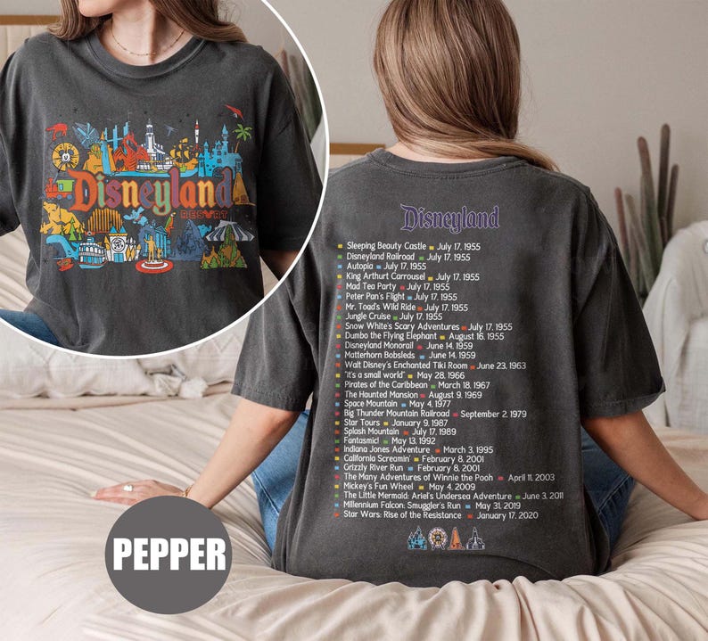 Puede incluir: Camiseta gris oscuro con un colorido gr&aacute;fico de Disneyland en la parte delantera. La parte posterior de la camiseta enumera las atracciones de Disneyland y las fechas de apertura. La camiseta es de estilo casual y c&oacute;modo.