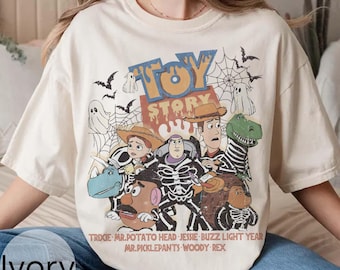 Vintage Disney Pixar Toy Story Halloween Komfort Farbe Shirt, Buzz Woody Jessie Rex 1995 T-Shirt Spielzeug Geschichte Gruppe Halloween Shirt, Halloween T-Shirt