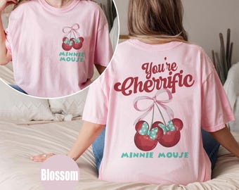 Retro You're Cherrific Minnie Mouse 2-zijdig shirt, Coquette Bow Minnie Cherry T-shirt, girly esthetisch Disney Girls Trip-T-shirt, WDW Disneyland-T-shirt