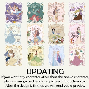 May include: A collection of twelve rectangular prints featuring Disney princesses and characters. Each print has a unique design with the character's name and imagery. The prints include Aladdin, Ariel, Pocahontas, Rapunzel, Cinderella, Moana, Snow White, Mulan, Beauty and the Beast, The Princess and the Frog, Frozen, and Sleeping Beauty.