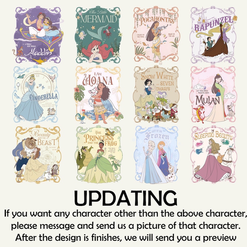 May include: A collection of twelve rectangular prints featuring Disney princesses and characters. Each print has a unique design with the character's name and imagery. The prints include Aladdin, Ariel, Pocahontas, Rapunzel, Cinderella, Moana, Snow White, Mulan, Beauty and the Beast, The Princess and the Frog, Frozen, and Sleeping Beauty.