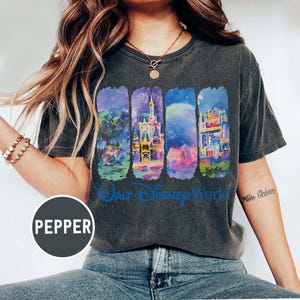 May include: Dark gray t-shirt featuring four watercolor panels with Disney World scenes. The shirt has the words "Walt Disney World" in blue script across the bottom.