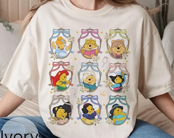 Retro Coquette Bows Pooh Bear Custom Disney Princess Characters T-Shirt, Belle Aurora Elsa Ariel Tee, Winnie The Pooh, Disney Girl Trip Tee