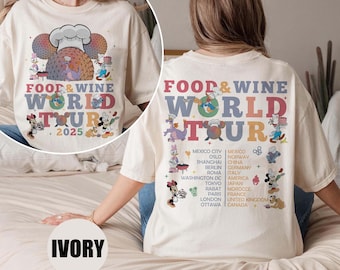 2-sided Food and Wine World Tour Mickey and Friends T-shirt, Disney Epcot Food & Wine Festival 2025 Tee, Drink Snacking Around The World Tee