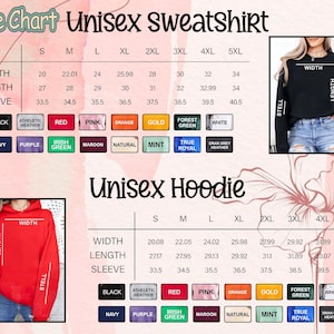 May include: Size chart for unisex sweatshirts and hoodies, displaying measurements for width, length, and sleeve length in inches. Includes color options like black, red, and navy. The chart is designed to help customers find the right fit.