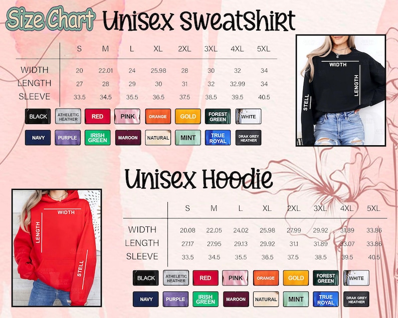 May include: Size chart for unisex sweatshirts and hoodies, displaying measurements for width, length, and sleeve length in inches. Includes color options like black, red, and navy. The chart is designed to help customers find the right fit.