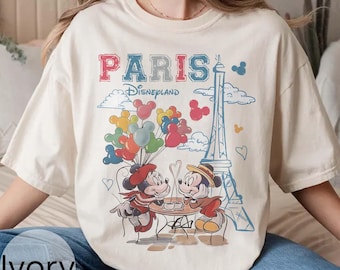 T-shirt rétro Mickey et Minnie Disneyland Paris, chemise Mickey Mouse Tour Eiffel, t-shirt voyage fille Disney Paris 2025, chemise vacances Disney